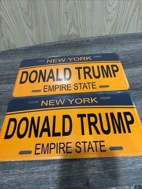 2 New York Donald Trump License Plate Sign - Navy & Orange
